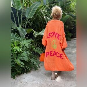 Orange Love & Peace Knit Cardigan duster length